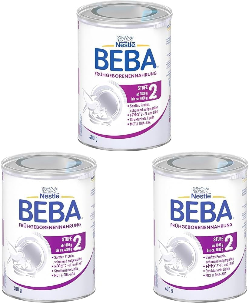 BEBA Préparation pour nourrissons prématurés Stade 2 - Nourrissons prématurés après la sortie de l'hôpital Aliments pour bébés Lait en poudre pour bébé Paquet de 3 (1 x 400 g)