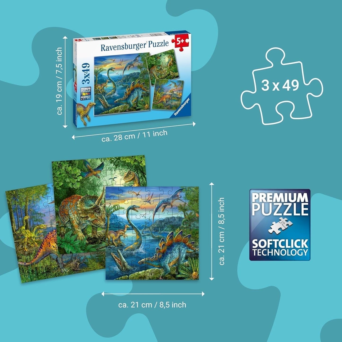 Ravensburger Puzzle pour Enfants - 09317 La Fascination des Dinosaures - Puzzle 3X49 pièces pour Enfants de 5 Ans et Plus Puzzle Naty Shop
