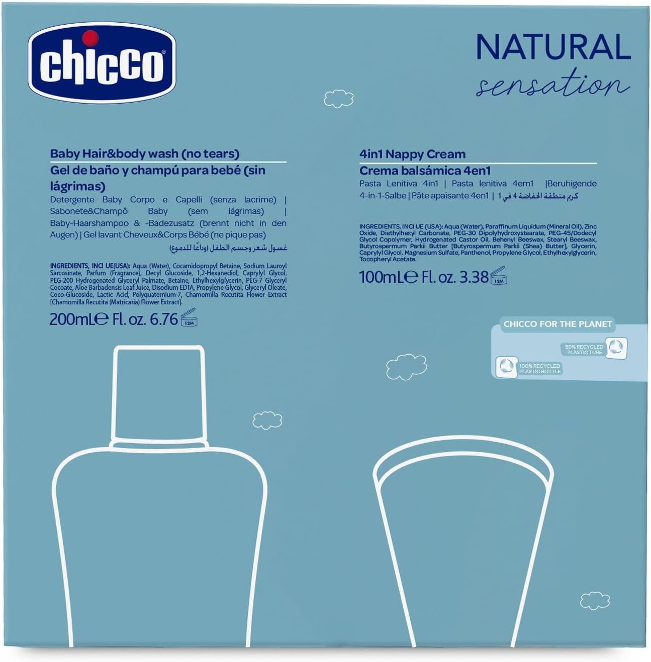 CHICCO NATURAL SENSATION - SET 2 : 1 SHAMPOOING ET BAIN - NON DESSÉCHANT 200 ML, 1 CRÈME DE CHANGEMENT 4EN1 100 ML Enfants - Bain et Soin Naty Shop
