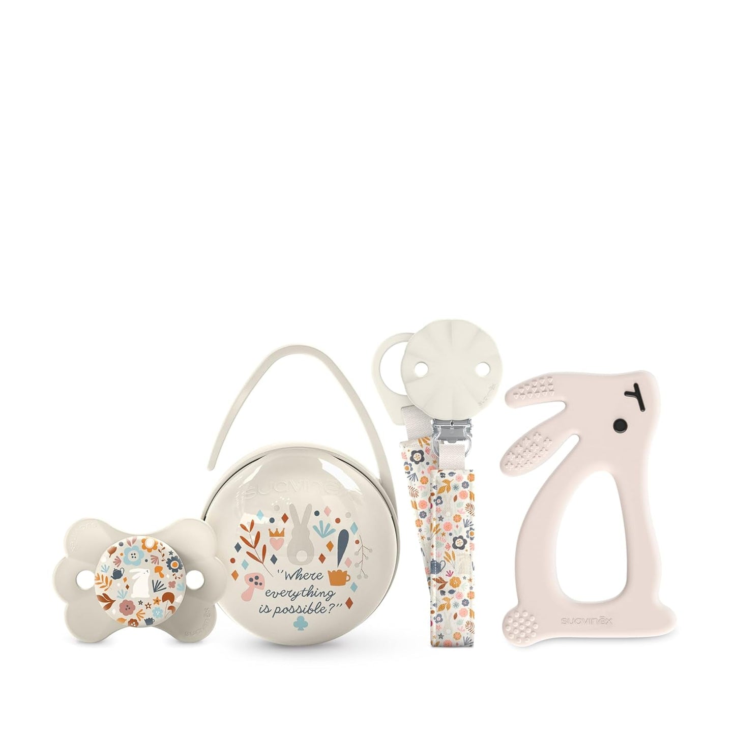 Coffret Suavinex pour nouveau-né. Coffret 4 pièces comprenant : Sucette Physiologique SX Pro pour bébé 0-6 mois + attache-sucette + attache-sucette Duo + anneau de dentition en silicone. Pays des merveilles, beige