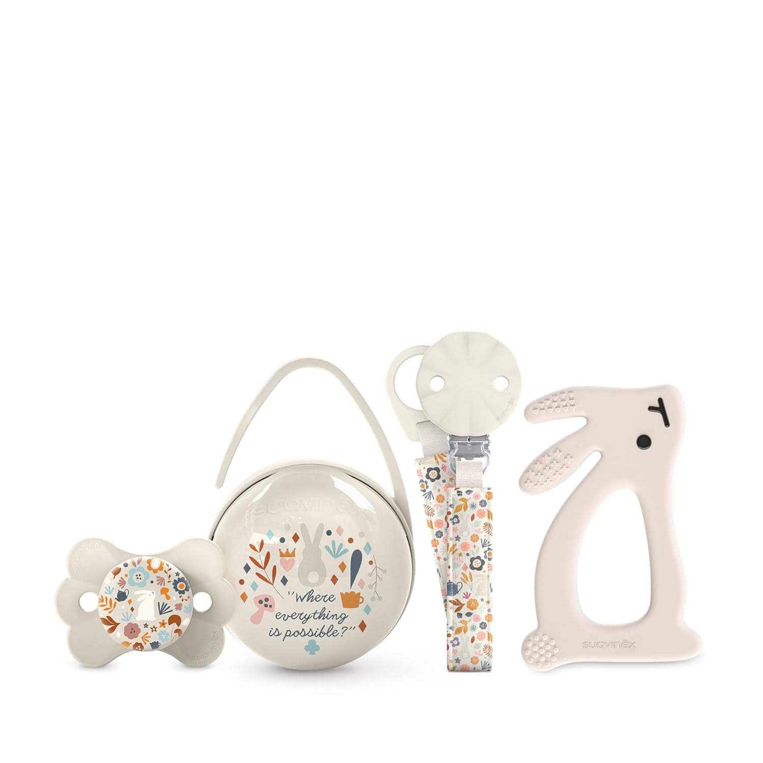 Coffret Suavinex pour nouveau-né. Coffret 4 pièces comprenant : Sucette Physiologique SX Pro pour bébé 0-6 mois + attache-sucette + attache-sucette Duo + anneau de dentition en silicone. Pays des merveilles, beige