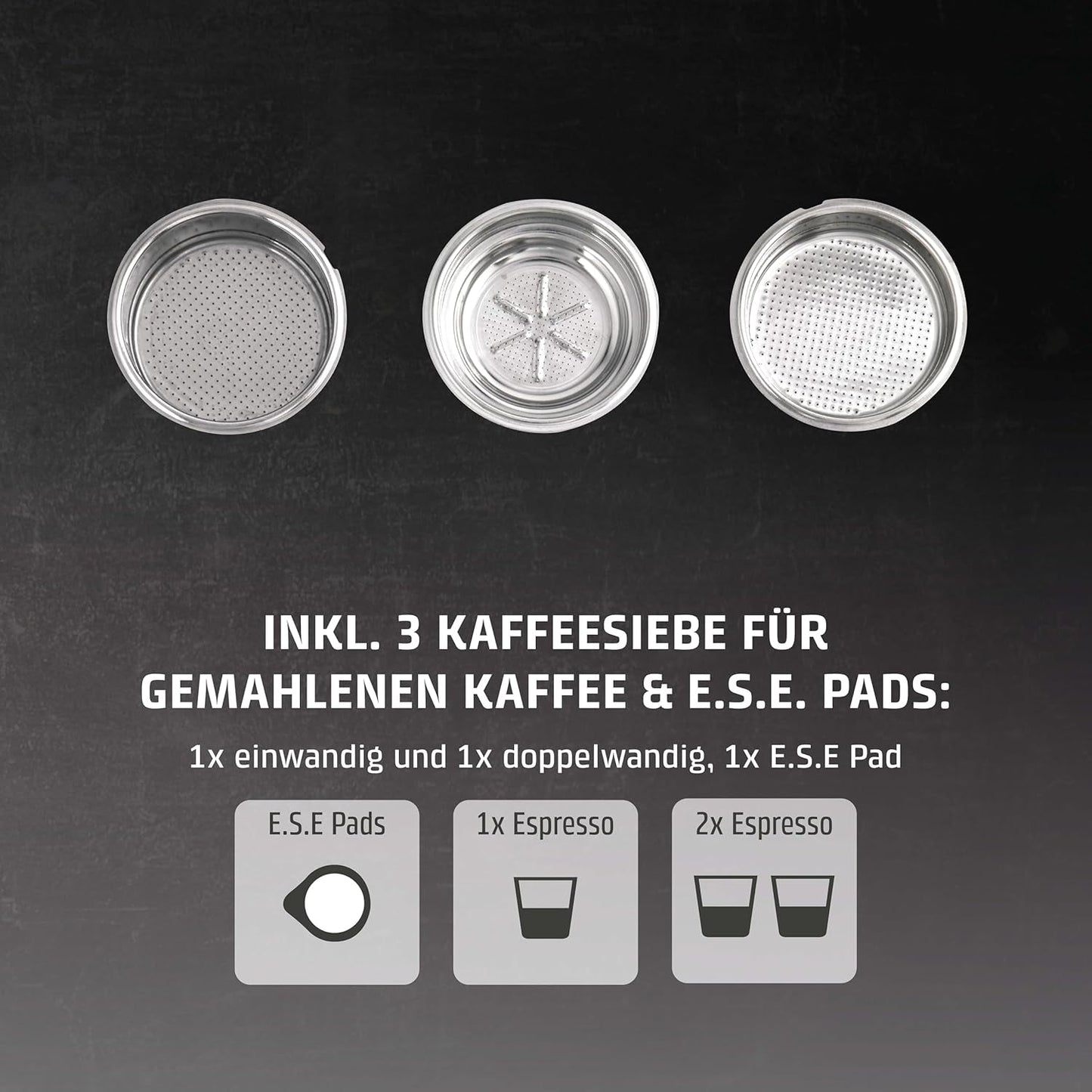 Caso Espresso Gourmet - Machine à expresso porte-filtre en acier inoxydable, puissante pompe Ulka 19 bars, avec mousseur à lait, pour café moulu ou capsules de café ESE, pour 2 tasses, avec chauffe-tasses