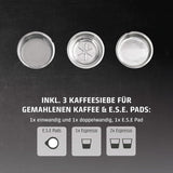 Caso Espresso Gourmet - Machine à expresso porte-filtre en acier inoxydable, puissante pompe Ulka 19 bars, avec mousseur à lait, pour café moulu ou capsules de café ESE, pour 2 tasses, avec chauffe-tasses