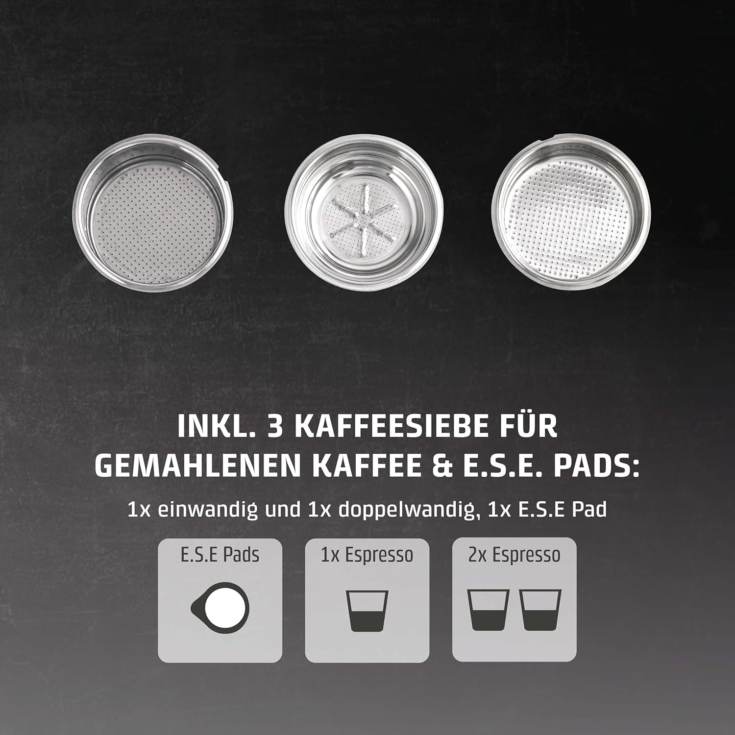 Caso Espresso Gourmet - Machine à expresso porte-filtre en acier inoxydable, puissante pompe Ulka 19 bars, avec mousseur à lait, pour café moulu ou capsules de café ESE, pour 2 tasses, avec chauffe-tasses