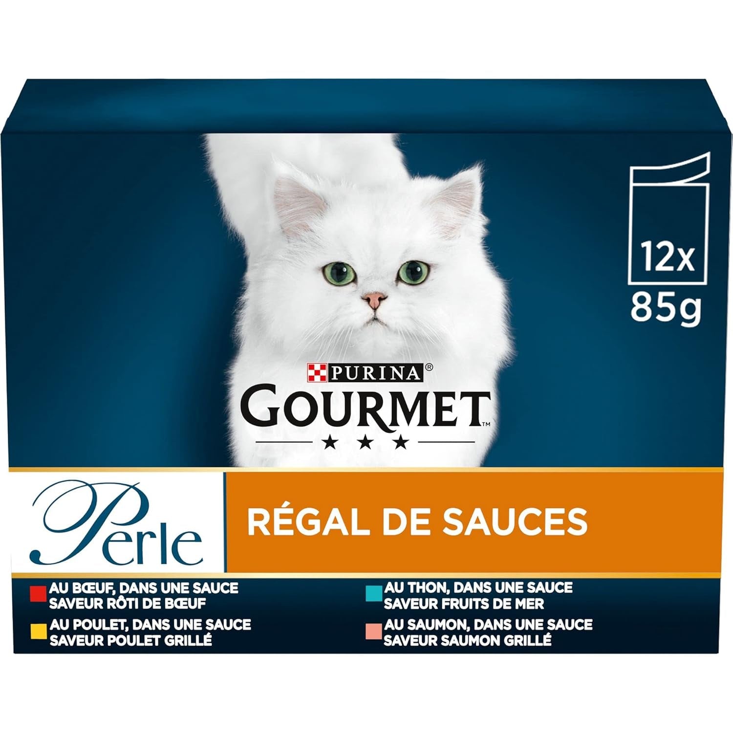 Perle | Porte-sauce | Chat adulte | Boeuf, Poulet, Thon, Saumon | 12x85g | Sachets fraîcheur (l'emballage peut varier)