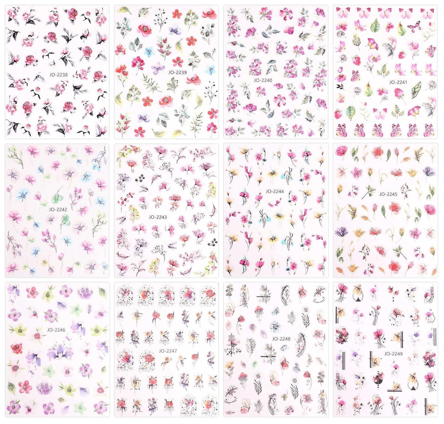 JMEOWIO Nagelsticker Frühling Blume 12 Blatt Nail Art Sticker Selbstklebend Nagelaufkleber Blätter Dekoration Nageldesign Zubehör