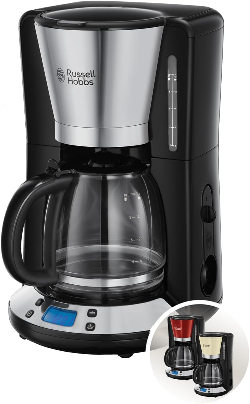 Russell Hobbs Cafetière [minuterie numérique, pomme de douche pour une extraction et un arôme optimaux] Colors+ Creme (1 à 10 tasses, carafe en verre 1,25 L, plaque chauffante, 1100 W) Cafetière à filtre 24033-56