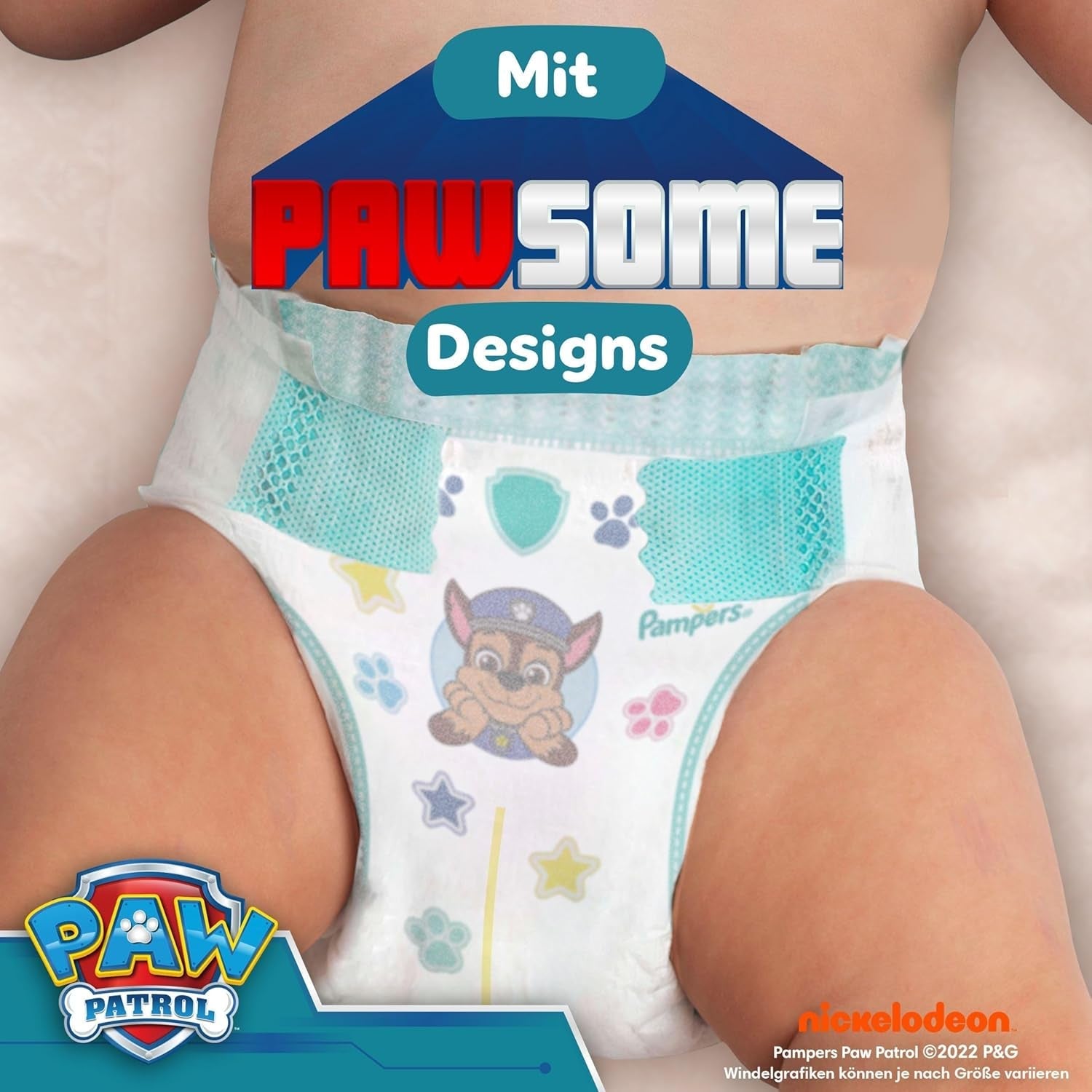 Couches Pampers Baby-Dry Puppy Patrol Edition, taille 4, 222 couches, 9 kg - 14 kg, protection contre les fuites jusqu'à 100 % et confort toute la nuit