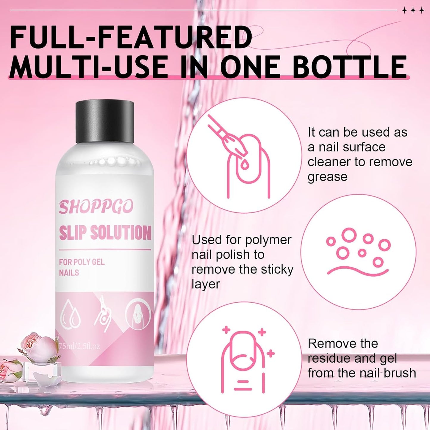 Solution pour ongles Polygel, kit de solution pour ongles Poly Gel Slip, solutions pour ongles liquides Polygel 75 ml, 5 clips pour pointes d'ongles, 3 brosses à ongles, 1 tasse en cristal, 100 feuilles de nettoyage