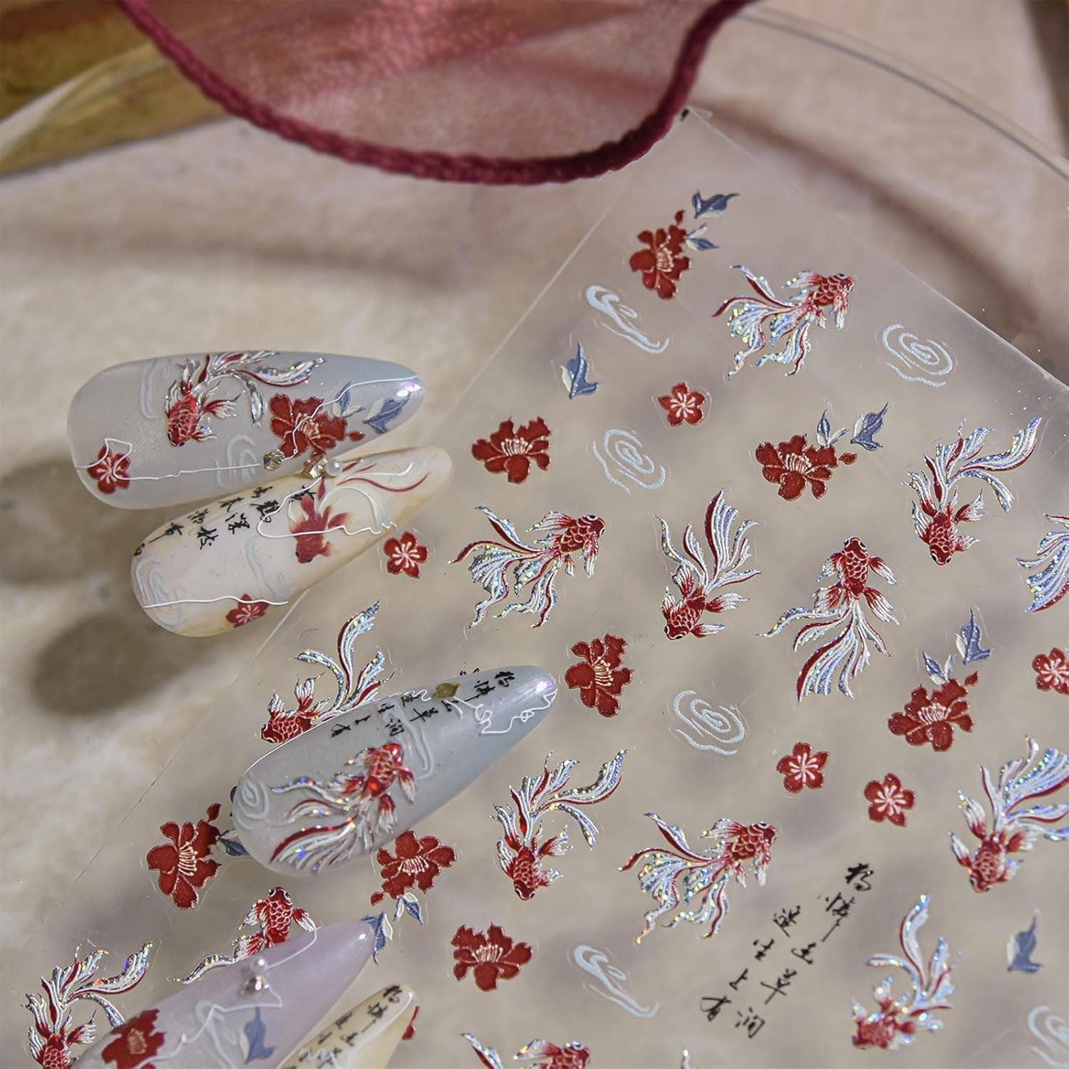 JMEOWIO Autocollant 3D pour ongles en forme de poisson Koi