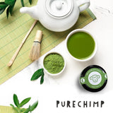 Poudre de matcha de qualité cérémonielle Purechimp 50 g. Poudre de thé 100 % pure cultivée à l'ombre pour les lattés, les infusions et les recettes. Pot recyclable. Riche en antioxydants.