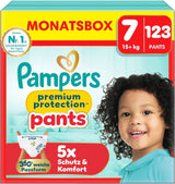 Pantalon de protection Pampers Premium Taille 7, 123 couches, 15 kg+, avec réglage à 360° et poignets anti-fuites souples pour un confort et une protection optimaux