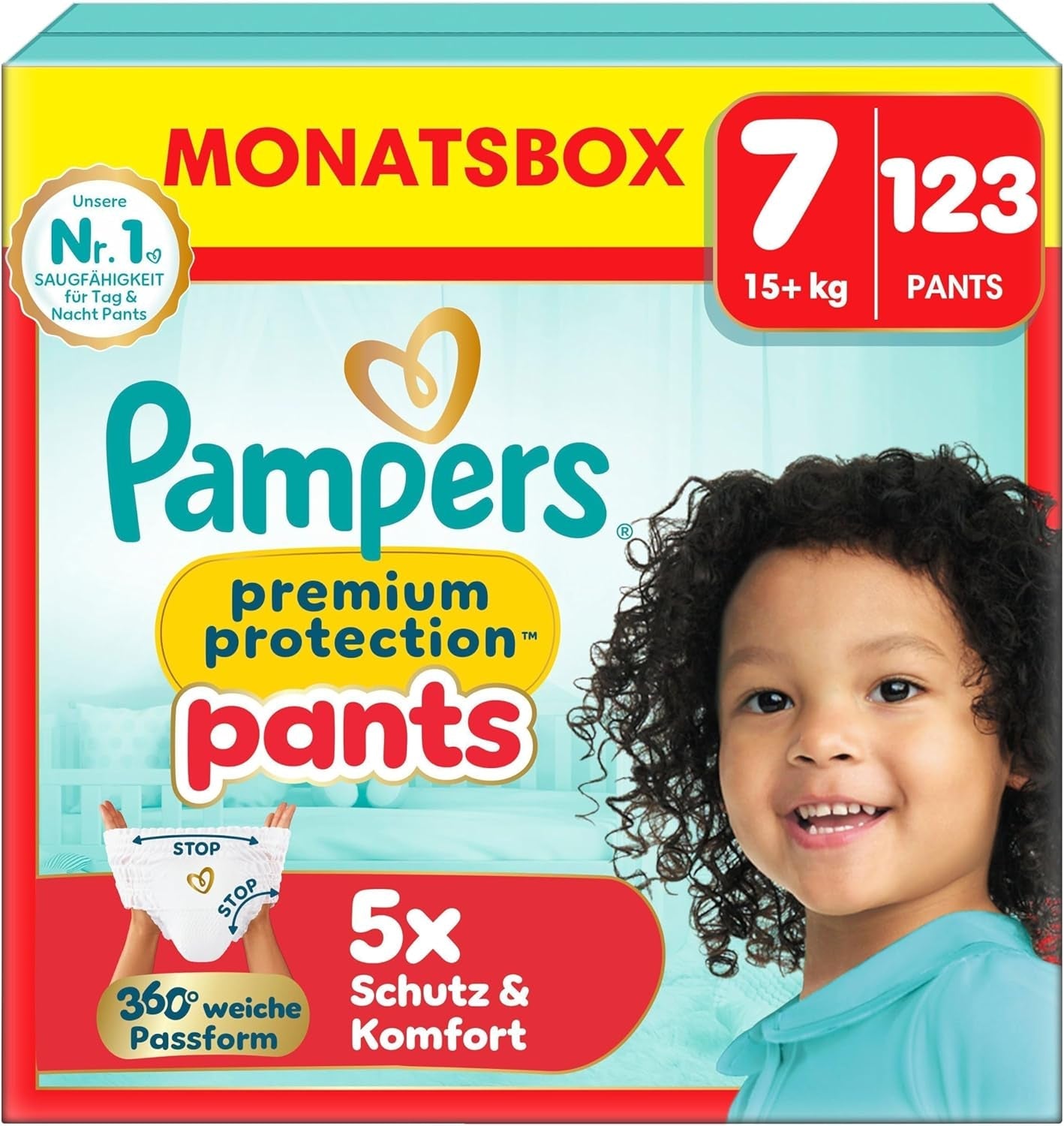 Pampers Premium Protection Pants taille 5, 144 couches, 11 kg - 17 kg, avec réglage à 360° et poignets anti-fuites souples pour un confort et une protection optimaux