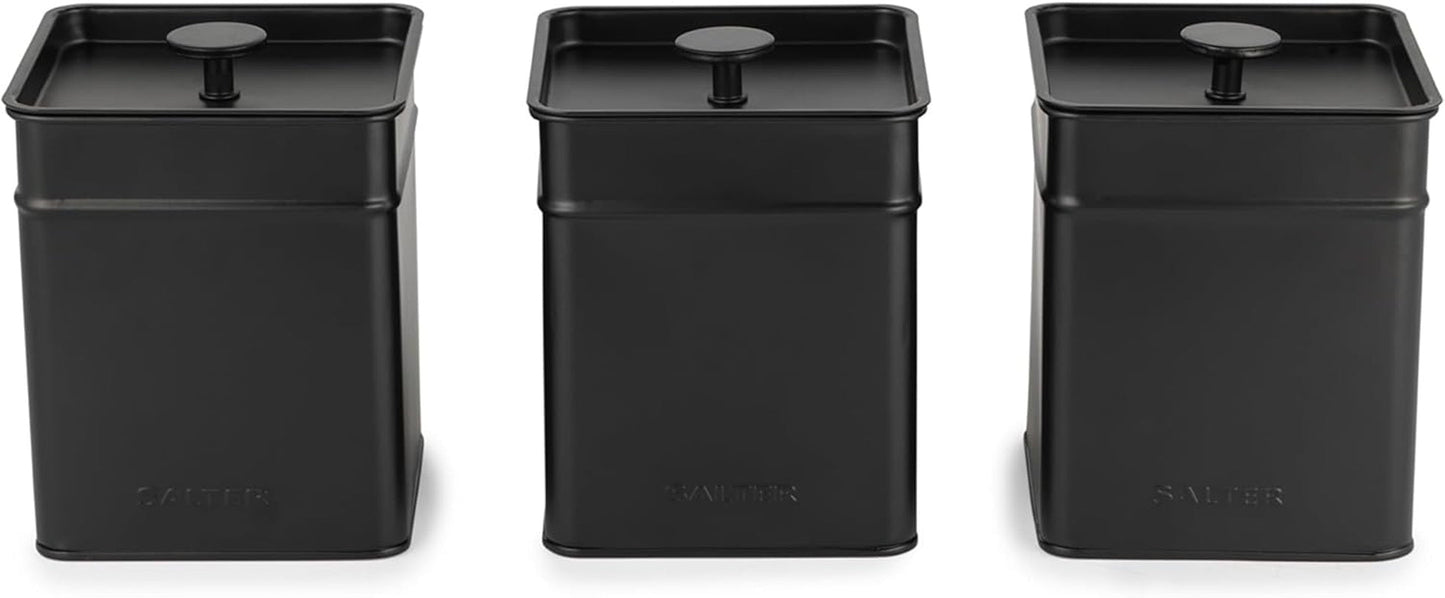 Salter BW12614EU7 Kuro Boîte de Rangement - 4 Récipients de Cuisine Pain/Thé/Café/Sucre Boîtes de Rangement Carrées Facile à Nettoyer Garder Les Aliments Frais Noir Naty Shop Boîtes de Rangement Alimentaire 3 Pièces Ensemble