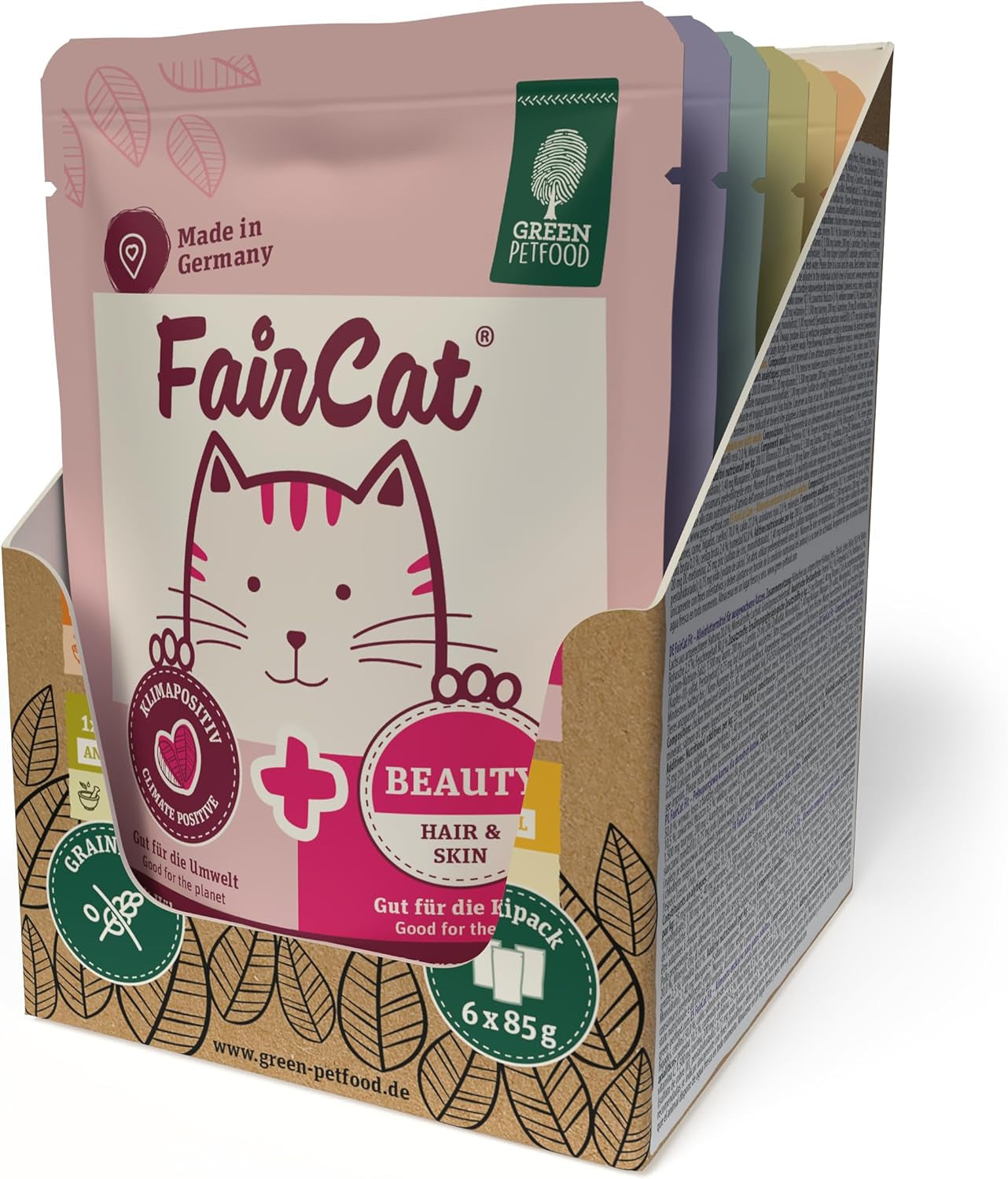 Aliments verts pour animaux de compagnie FairCat Multipack (6 x 85 g) | Adulte | Nourriture humide de qualité supérieure pour chats trop grands 6 verschiedenen leckere Sorten im Multipack | getreidefrei | Katzenfutter nass | paquet de 6