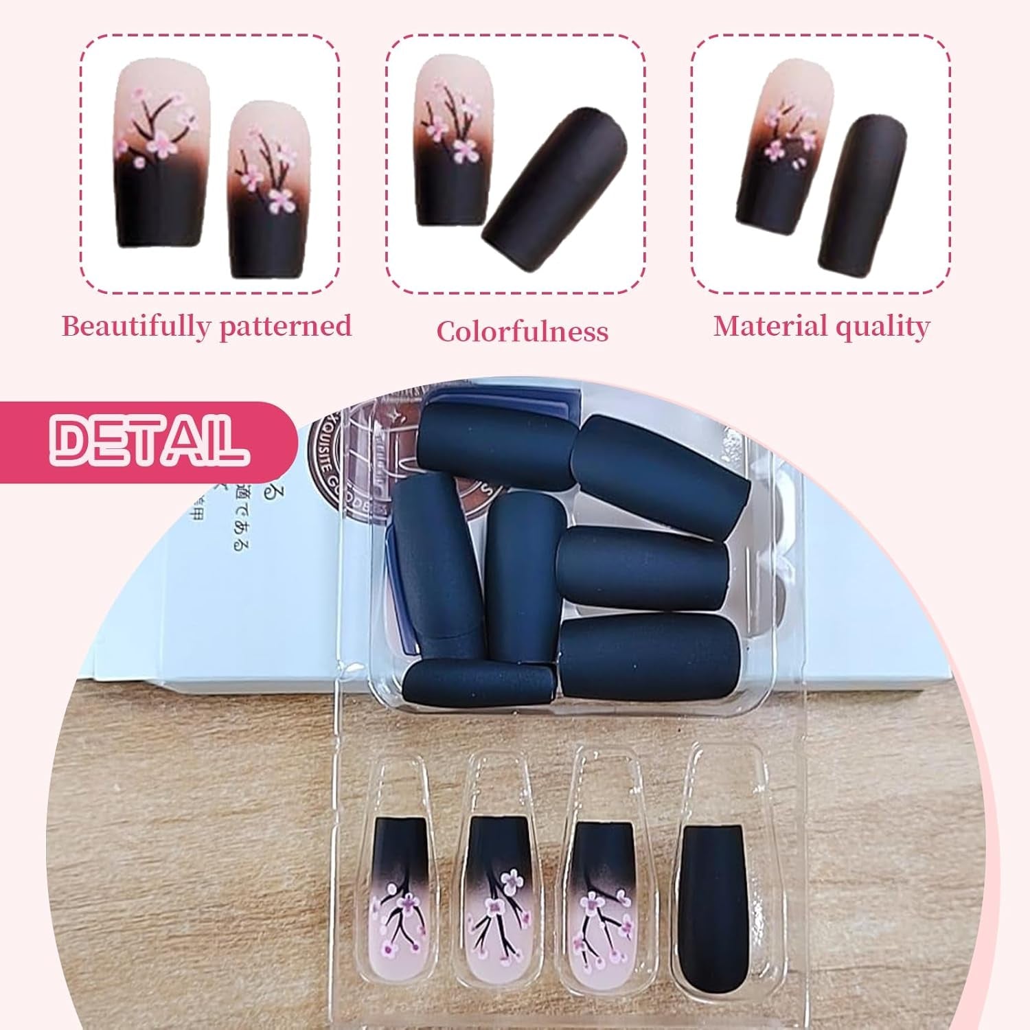 24 pièces automne noir français presse ongles rose fleur longs ongles colle sur faux ongles automne faux ongles ensemble avec accessoires
