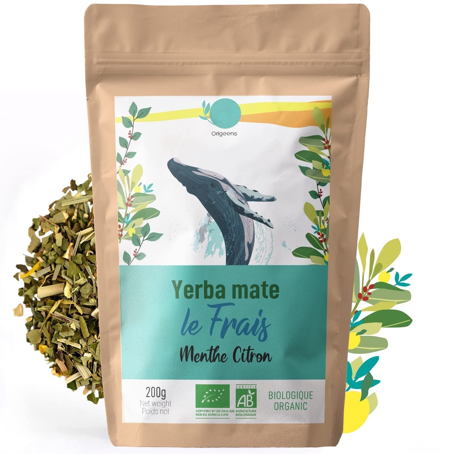 ORIGEENS BIO YERBA MATE À LA MENTHE ET CITRON 200 G - Fraîcheur I Yerba Mate Bio non torréfiée, feuilles, sans tiges ni poussière