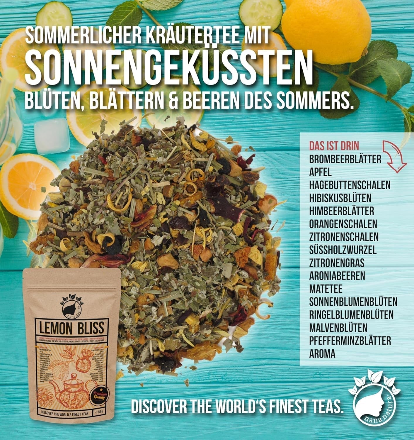 THÉ BLISS AU CITRON Original de Nananatura'S 85G | Tisane d'été fruitée et rafraîchissante | Comme thé froid, thé glacé ou chaud classique | Avec des fleurs, des feuilles et des baies mûries au soleil | Pas de sucre