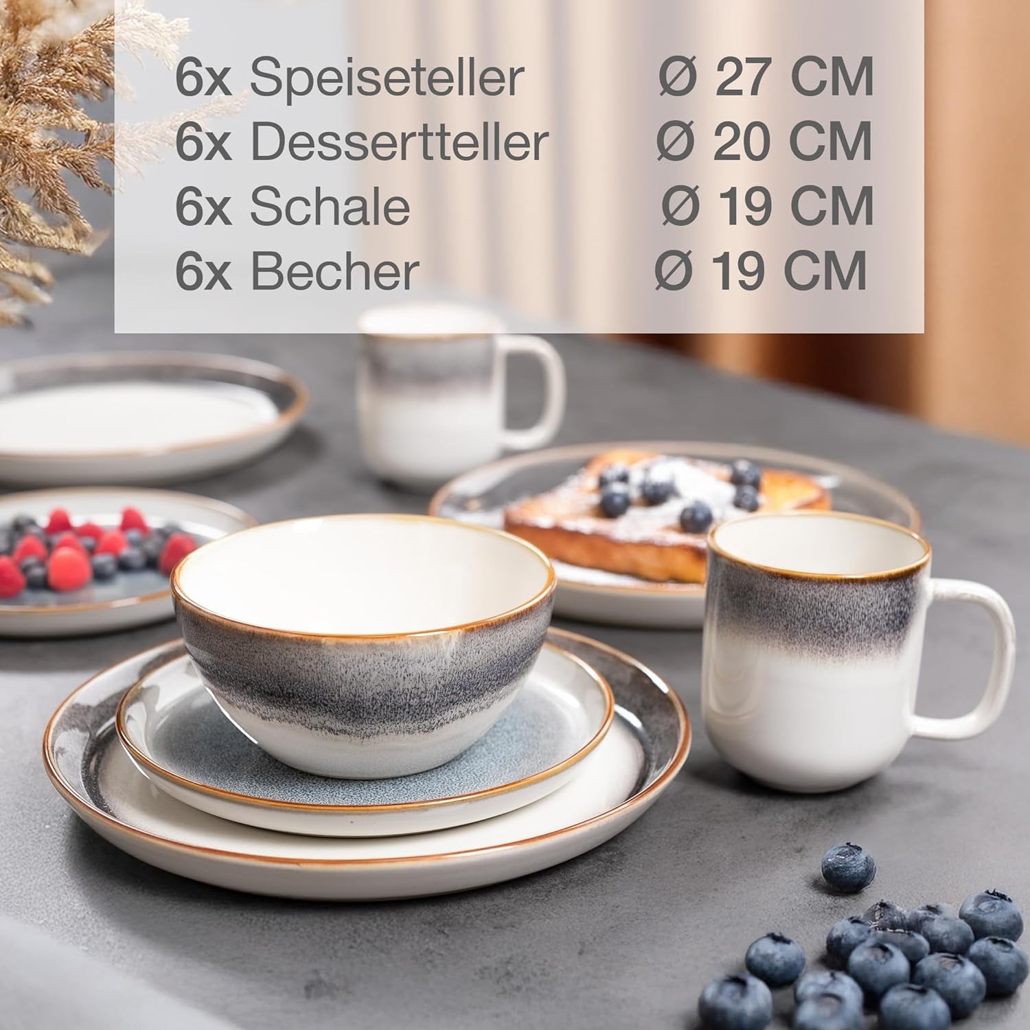 Moritz & Moritz TARENTO Service de table 24 pièces pour 6 personnes, gris – Service d'assiettes élégant en grès de haute qualité – Le service de table comprend 6 assiettes plates, 6 assiettes à dessert, 6 assiettes plates et 6 tasses.