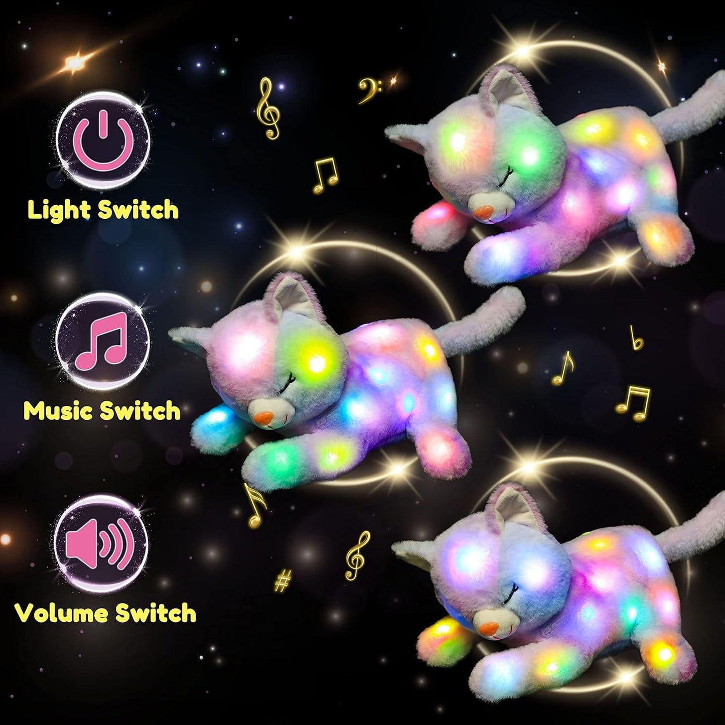Chat en peluche musical à LED, jouet chantant léger, mère chat avec 3 chatons dans le ventre, berceuse animée, jouet apaisant pour mères, enfants, petites filles, arc-en-ciel, 45 cm