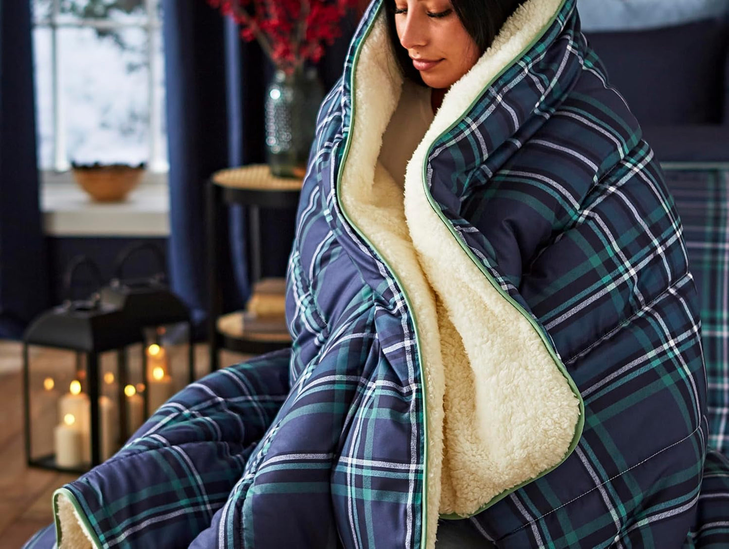Couverture polaire Sherpa confortable Night Lark, tartan rouge classique, 9 Tog, luxueuse, moelleuse, épaisse et réversible, parfaite pour un canapé, un lit, un canapé. Hypoallergénique, lavable en machine, Taille : Lits et Couettes Night Lark tartan classique bleu marine Lit simple