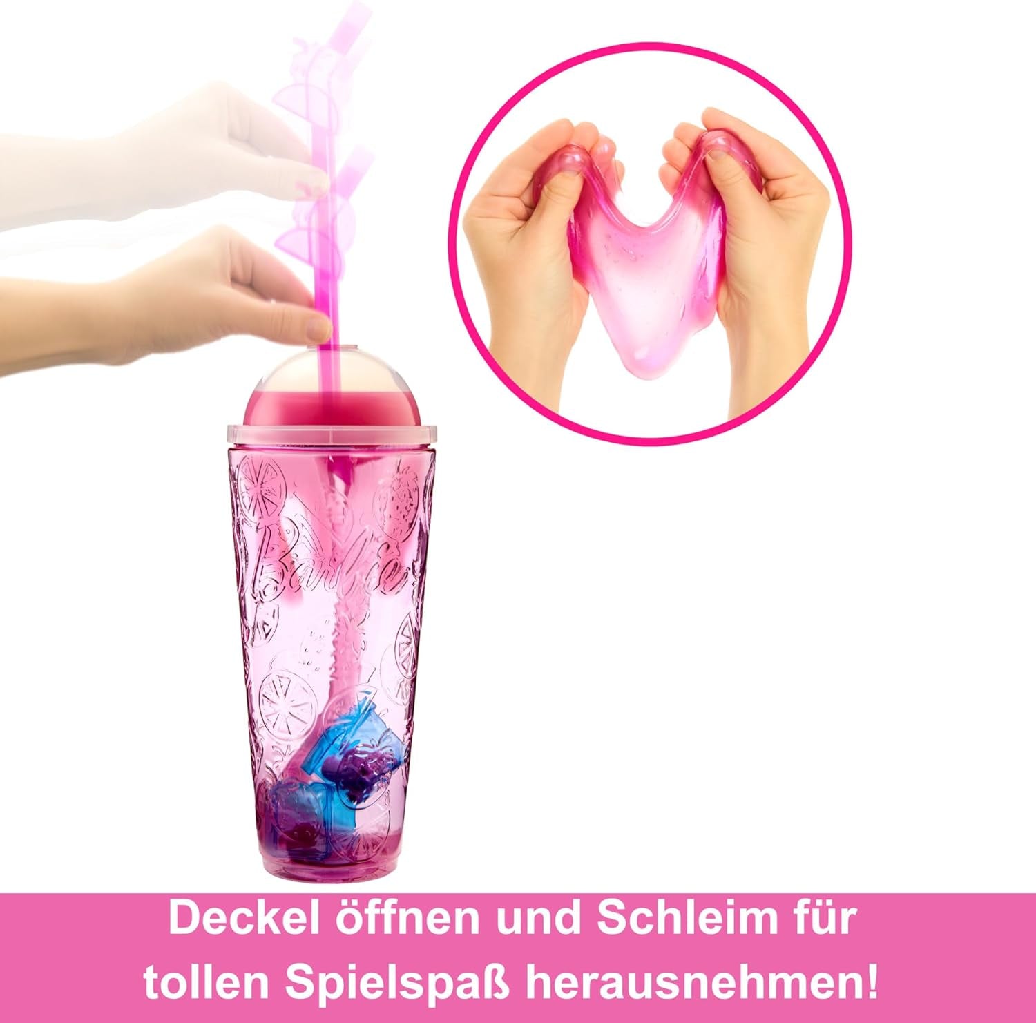 Barbie Pop Reveal Fruit - Poupées surprises avec 8 surprises fruitées, dont une poupée positionnable parfumée à la limonade aux fraises et un chiot moelleux, à partir de 3 ans, HNW41