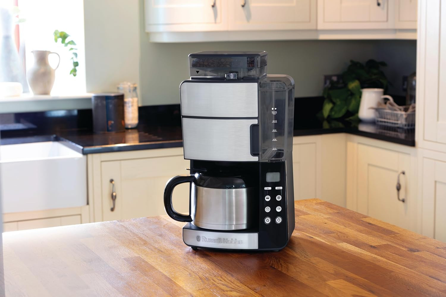 Russell Hobbs Cafetière avec moulin et carafe thermique [minuterie numérique, pomme de douche pour une extraction et un arôme optimaux] Grind&Brew (1-10 tasses, 3 réglages de mouture) Cafetière à filtre 25620-56