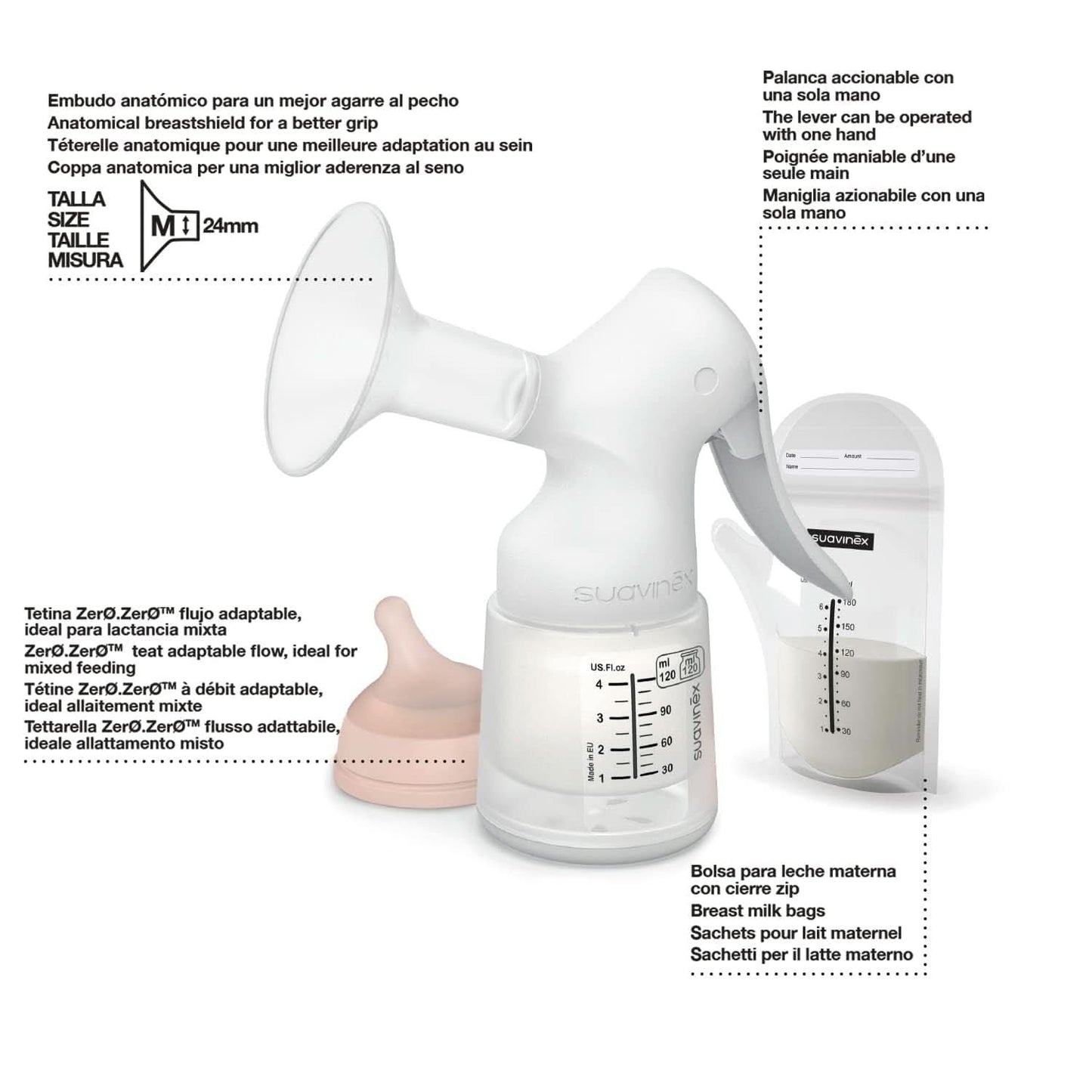 Suavinex, Tire-lait maternel, 120 ml, à débit réglable Accessoires alimentation et allaitement Bebe Naty Shop
