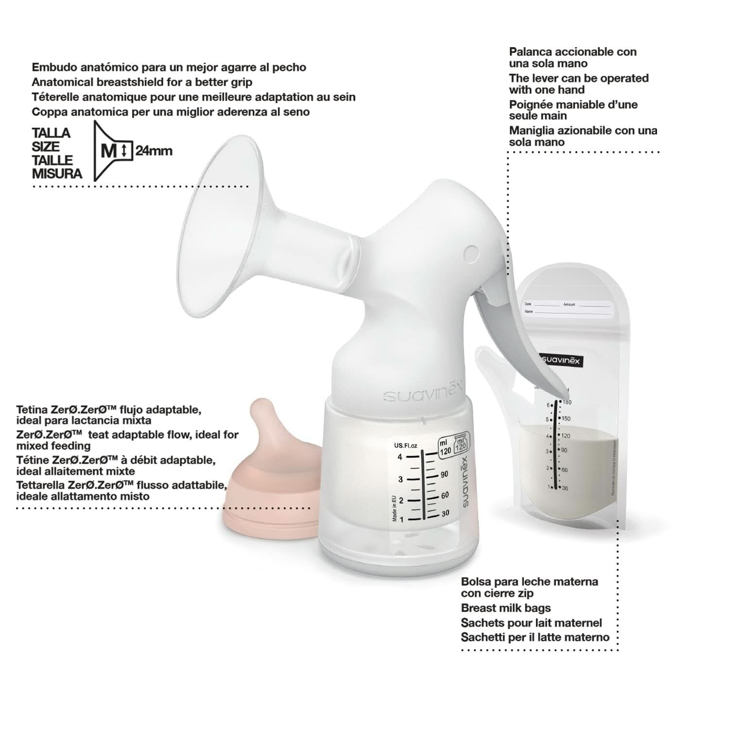 Suavinex, Tire-lait maternel, 120 ml, à débit réglable Accessoires alimentation et allaitement Bebe Naty Shop