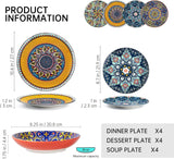 HENXFEN LEAD Service de table en porcelaine, service de table 12 pièces pour 4 personnes, service de table coloré pour 4 personnes – assiettes peintes à la main, assiettes à dessert, assiettes creuses – Style bohème