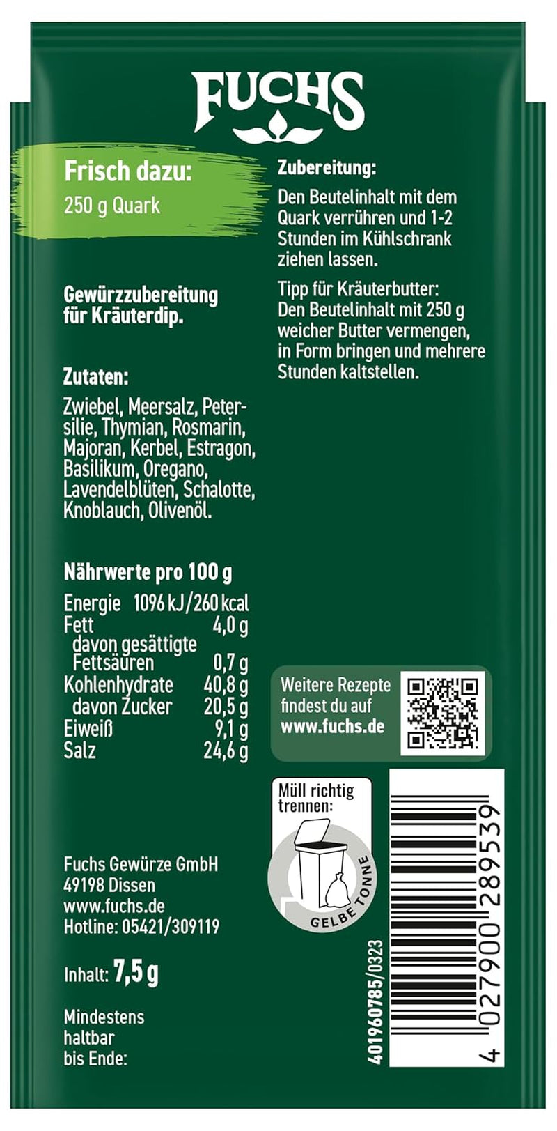 Fuchs Gewürze - Allons tremper ! Kräuter der Provence Gewürzzubereitung, Gewürz für Kräuterquarkdip, 7,5 g dans le sachet