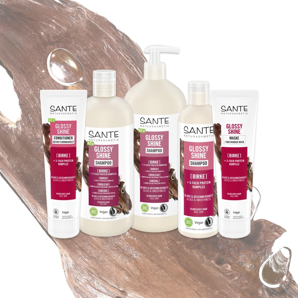 SANTE Naturkosmetik Glossy Shine Mask Extrait de feuille de bouleau bio + complexe protéique 3x, masque capillaire hydratant et sans silicone, soin capillaire végétalien pour plus de brillance et de souplesse, 150 ml Naty Shop Hair Mask