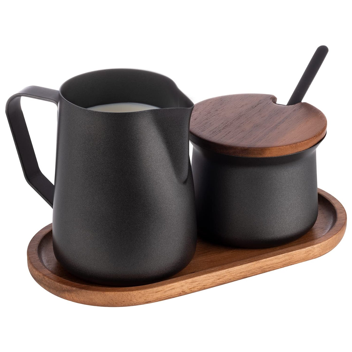 Service à lait et sucre APS 634, set 5 pièces, bois d'acacia, acier inoxydable, revêtement antiadhésif, noir