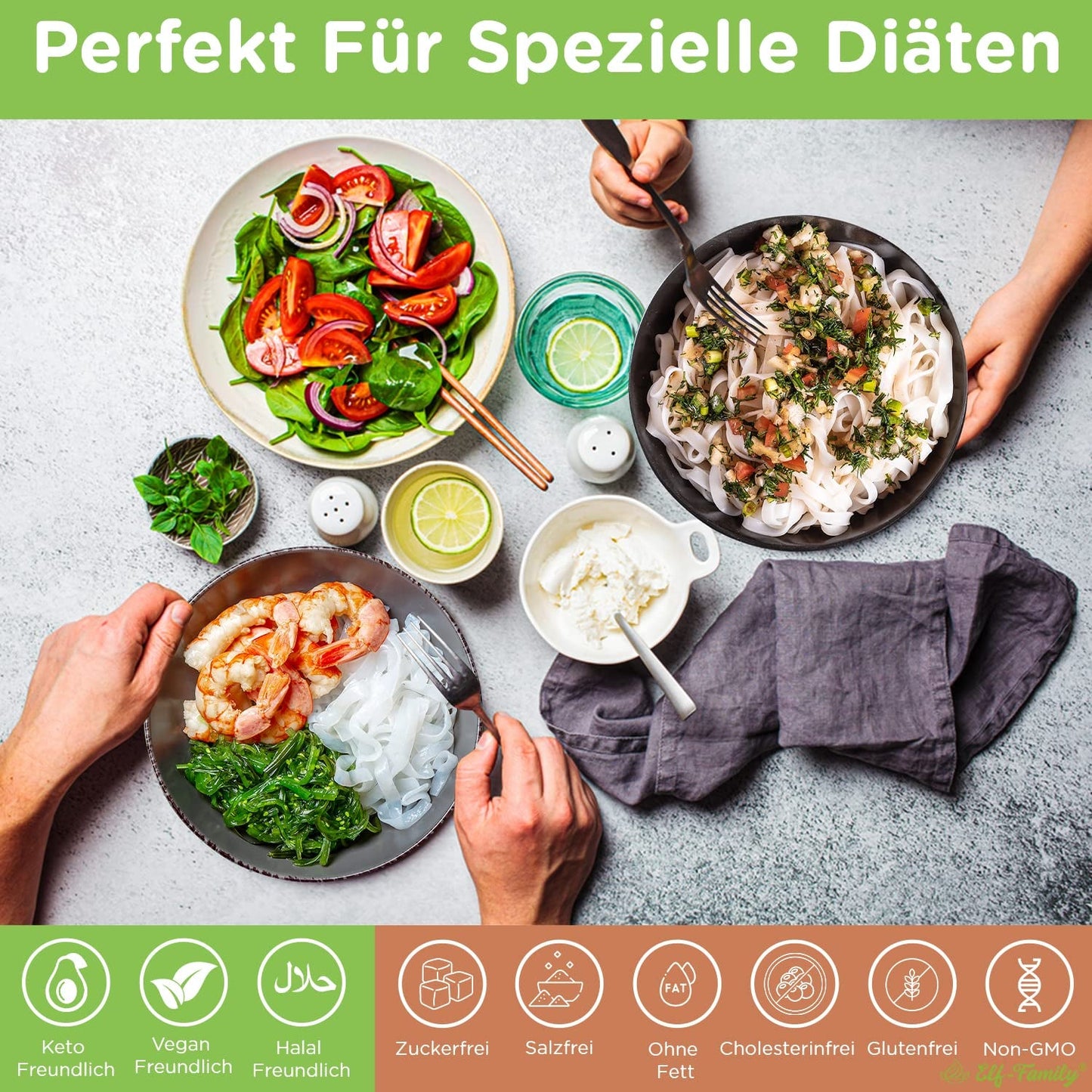 Elf-Family 6 boîtes (12 pièces) de nouilles shirataki de konjac biologiques ultra faibles en glucides végétaliennes sans gluten - 1,62 kg, sans glucides/céto/faible en calories/sans gras/sans sucre nouilles instantanées - Spaghetti et fettuccine