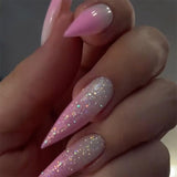Mouyouglow longs ongles Stiletto laiteux blanc dégradé rose paillettes Cool faux ongles avec colle rose Ombre paillettes ongles artificiels