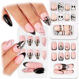 72 pcs Ongles d'Halloween Faux Ongles Autocollants Ongles Artificiels Courts Ongles Pressés Autocollants Citrouille Fantôme Ongles Artificiels Conseils Nail Art Orange Vert Noir