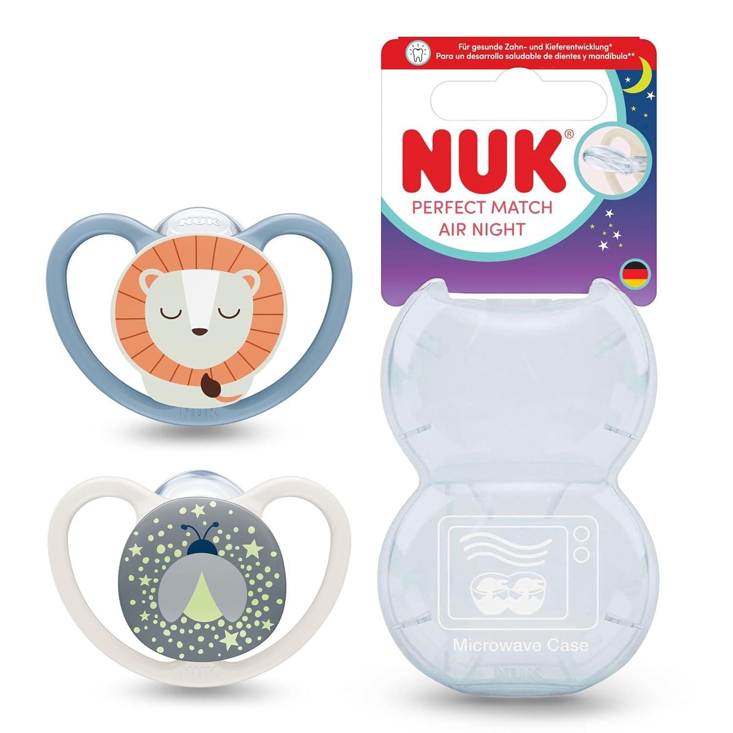 Sucettes NUK Perfect Match Air Night pour bébés | 0-6 mois | Sucettes qui brillent dans le noir qui favorisent la circulation de l'air et empêchent la bave | 95 % d'acceptation par les bébés** | Lion | Paquet de 2