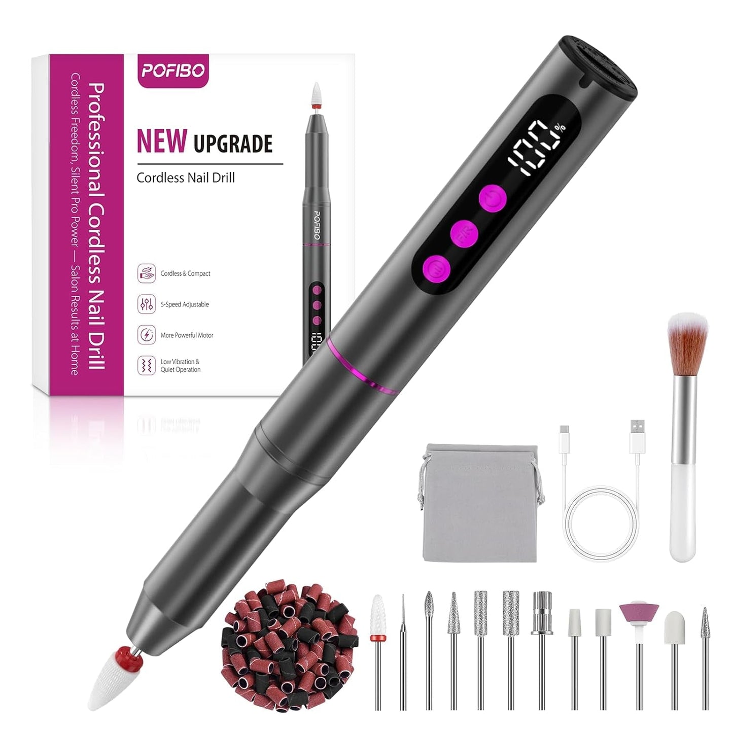 Lime à ongles électrique sans fil - 35 000 tr/min pour ongles en gel, lime à ongles professionnelle et acrylique 12 en 1, ensemble manucure et pédicure à 5 vitesses
