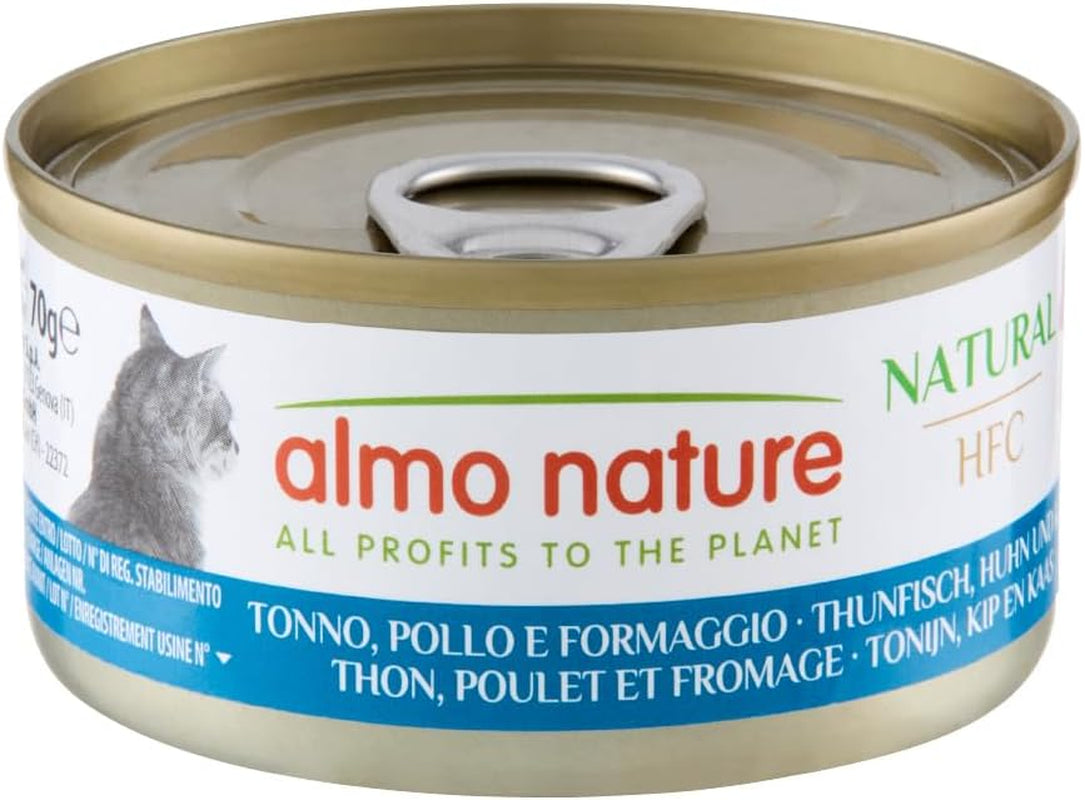 Almo Nature HFC Natural - Nourriture humide pour chat adulte - Thon, Poulet et Fromage - Qualité humaine, Sans gluten - 6 x 70g