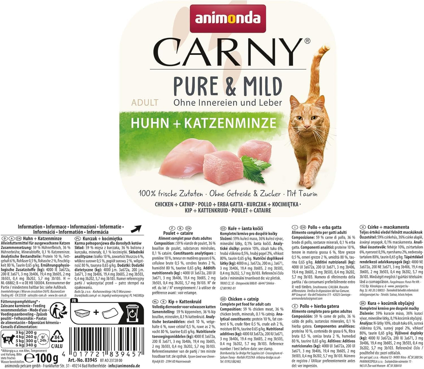 Nourriture humide pour chat Adult Pure & Mild au poulet et à l'herbe à chat (32 x 100 g), pour chats sensibles, sans céréales et sans sucre, nourriture humide au poulet facile à digérer