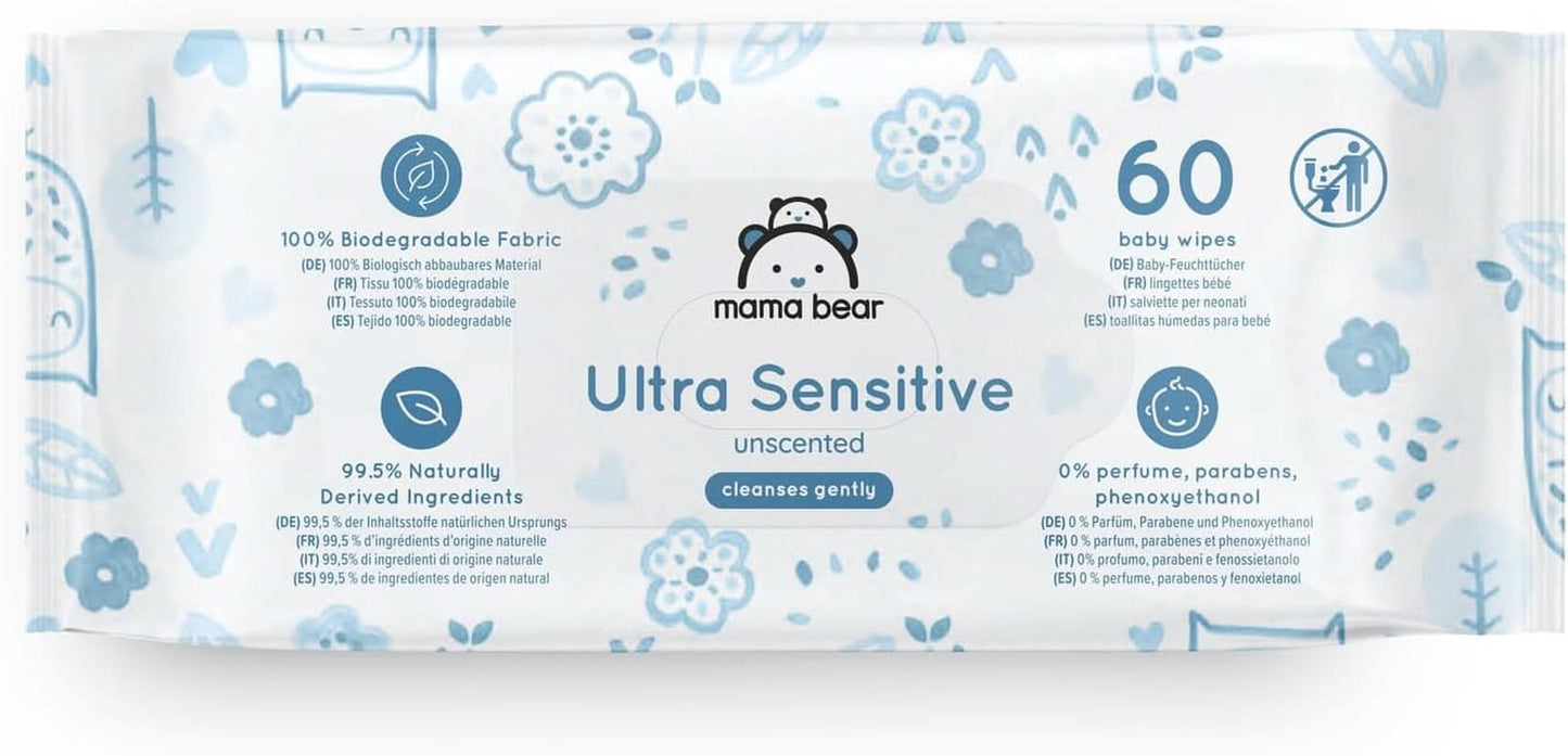 Mama Bear Lingettes ultra sensibles pour bébé sans parfum 1008 unités (18 paquets de 60) Naty Shop