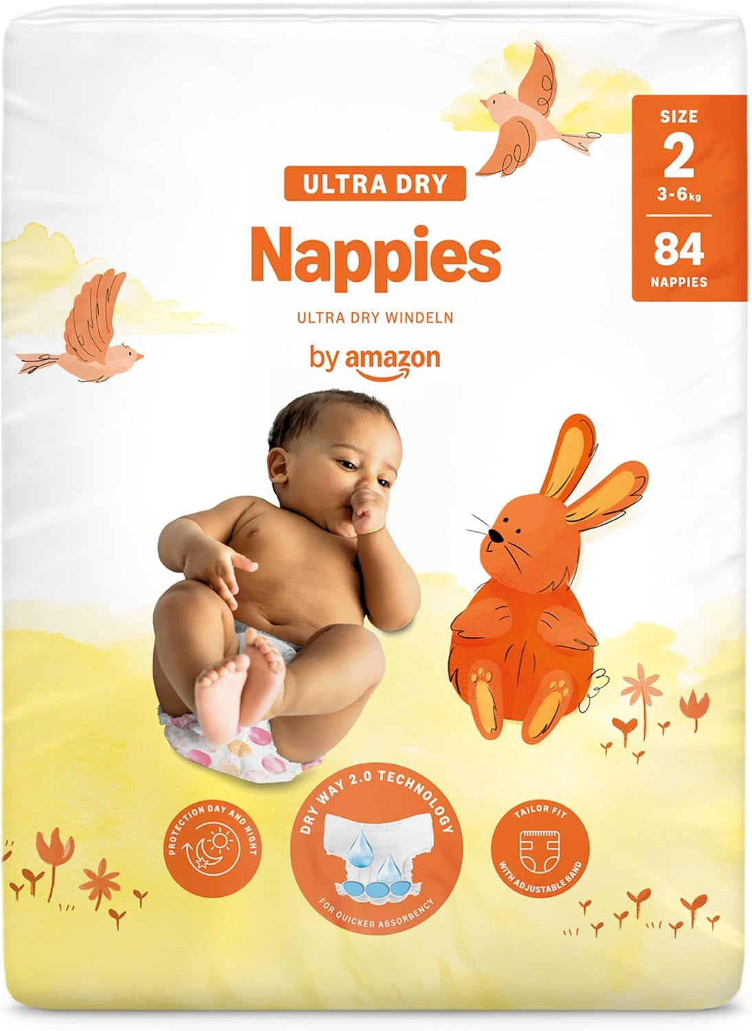 Couches Amazon Ultra Dry, taille 3 (4-9 kg) – Boîte mensuelle, blanche, 172 unités (2 paquets de 86) (anciennement Mama Bear, produit identique)