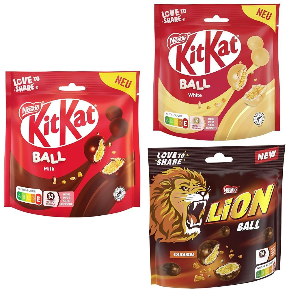 Pack de boules Nestlé au lait, blanc, Caramel Lion (3 x 130g)