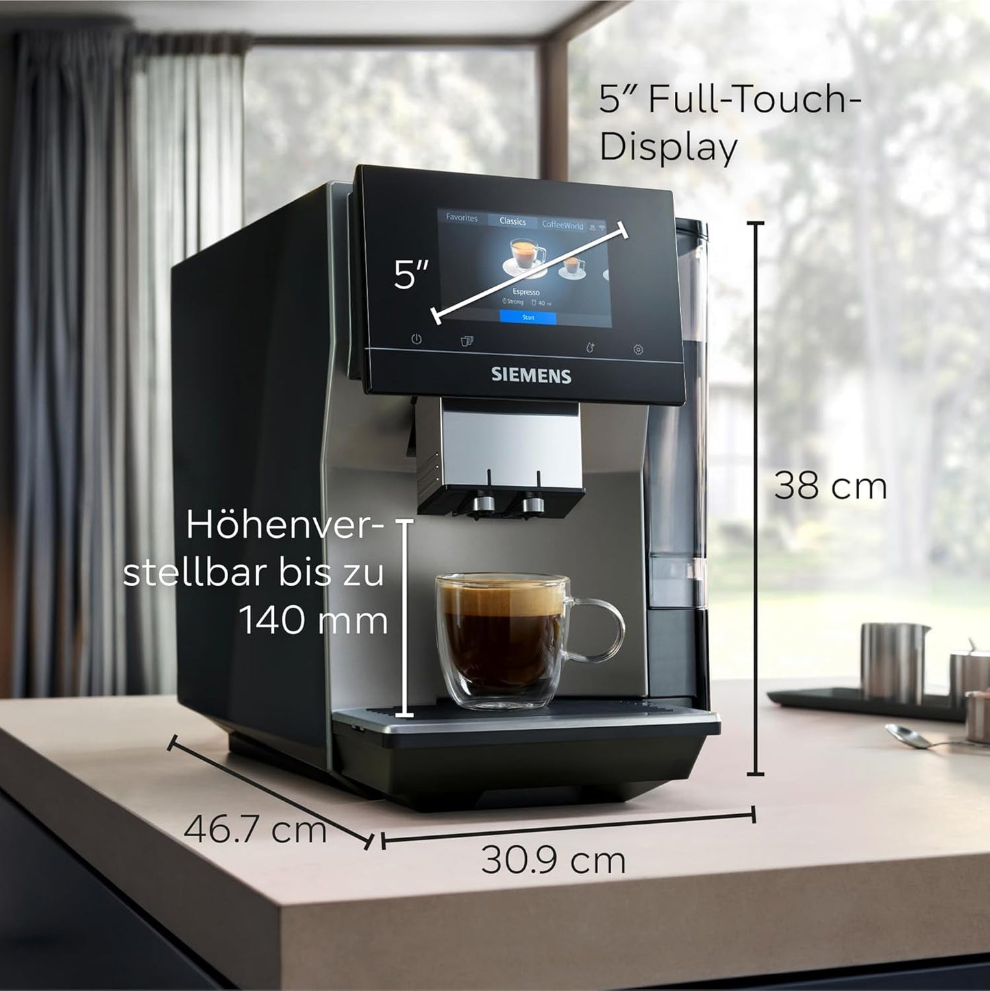 Machine à expresso automatique Siemens EQ700 classic TP715D01, contrôle par application, infusion froide, écran tactile intuitif, jusqu'à 10 créations de café individuelles comme favoris, nettoyage automatique à la vapeur, 1500 W, gris argenté