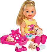 Simba 105733041 - Evi Love Puppy Love avec TROIS chiots, avec niche pour chien et accessoires, poupée mannequin, 12 cm, pour enfants à partir de 3 ans