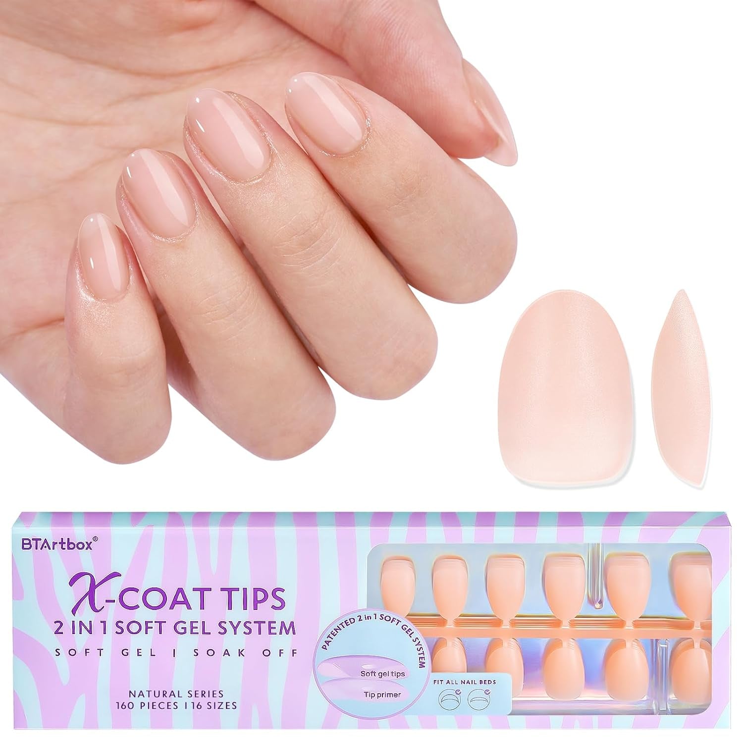 Btartbox Ongles Extra Courts en Gel Souple Couverture Complète Pointes d'Ongles Courtes Amande 160 Pièces Ongles Artificiels XCOATTIPS Préconçus Pointes d'Ongles Courtes Amande pour Extensions d'Ongles