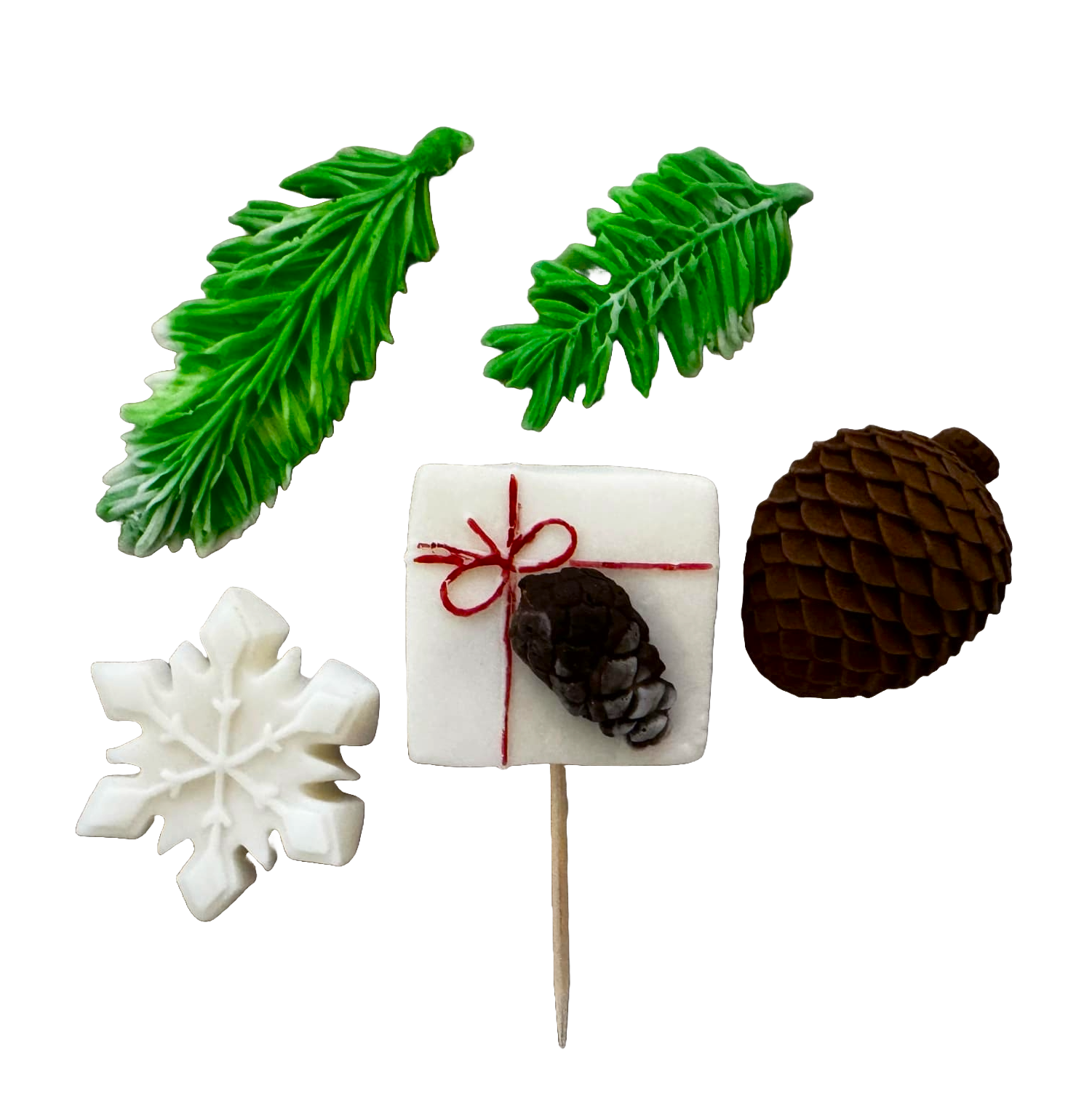 Lot de 5 décorations comestibles en pâte à sucre, Hiver, aiguilles de sapin, flocon de neige, cône Décorations en Pâte à Sucre Naty Shop
