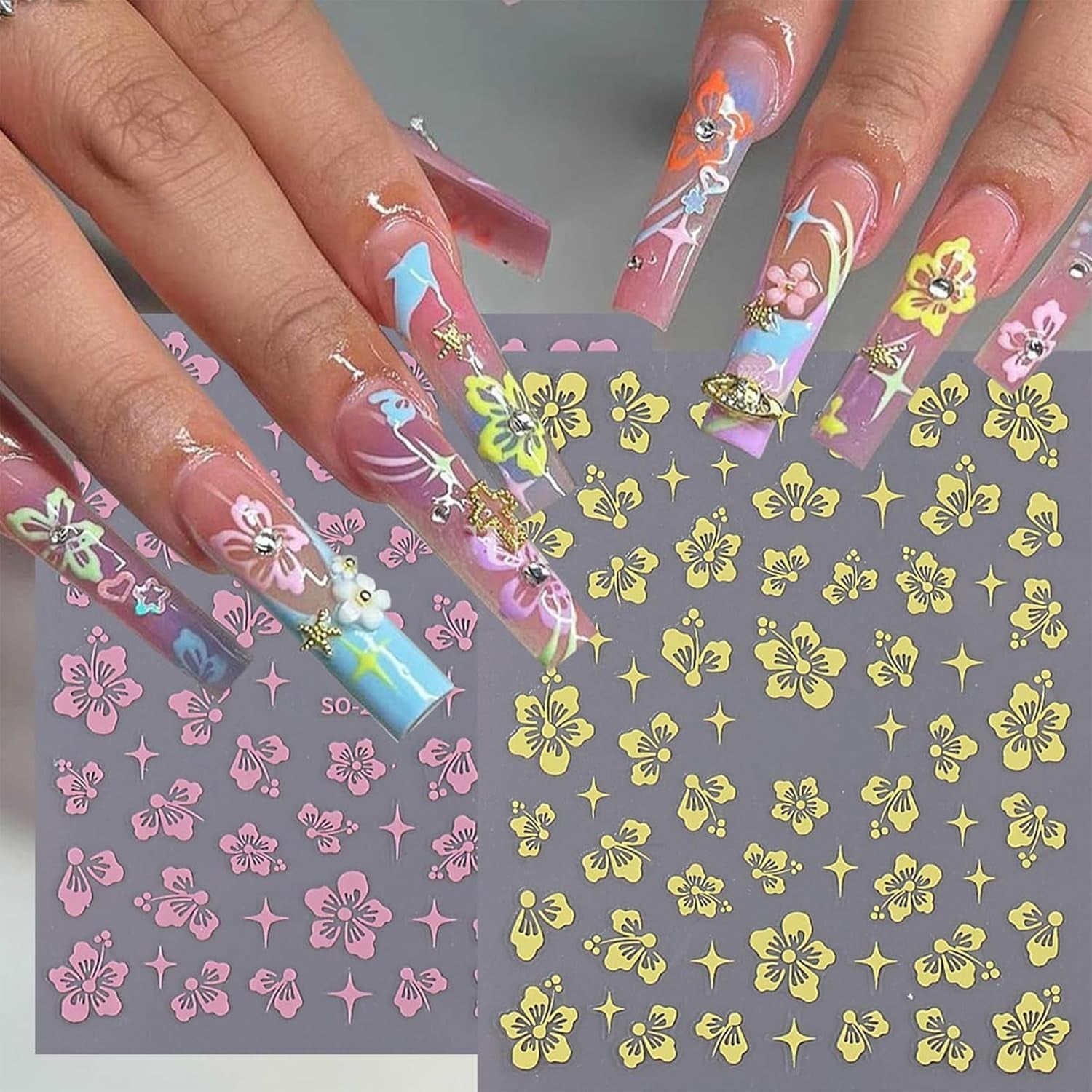 8 pièces Hibiskus Nagelsticker, 3D Selbstklebende Blumen Nagelaufkleber, Weiß Rosa Gelb Magenta Sommer Neonail Sticker, Nail Art Zubehör Nagel Deko Für Frauen