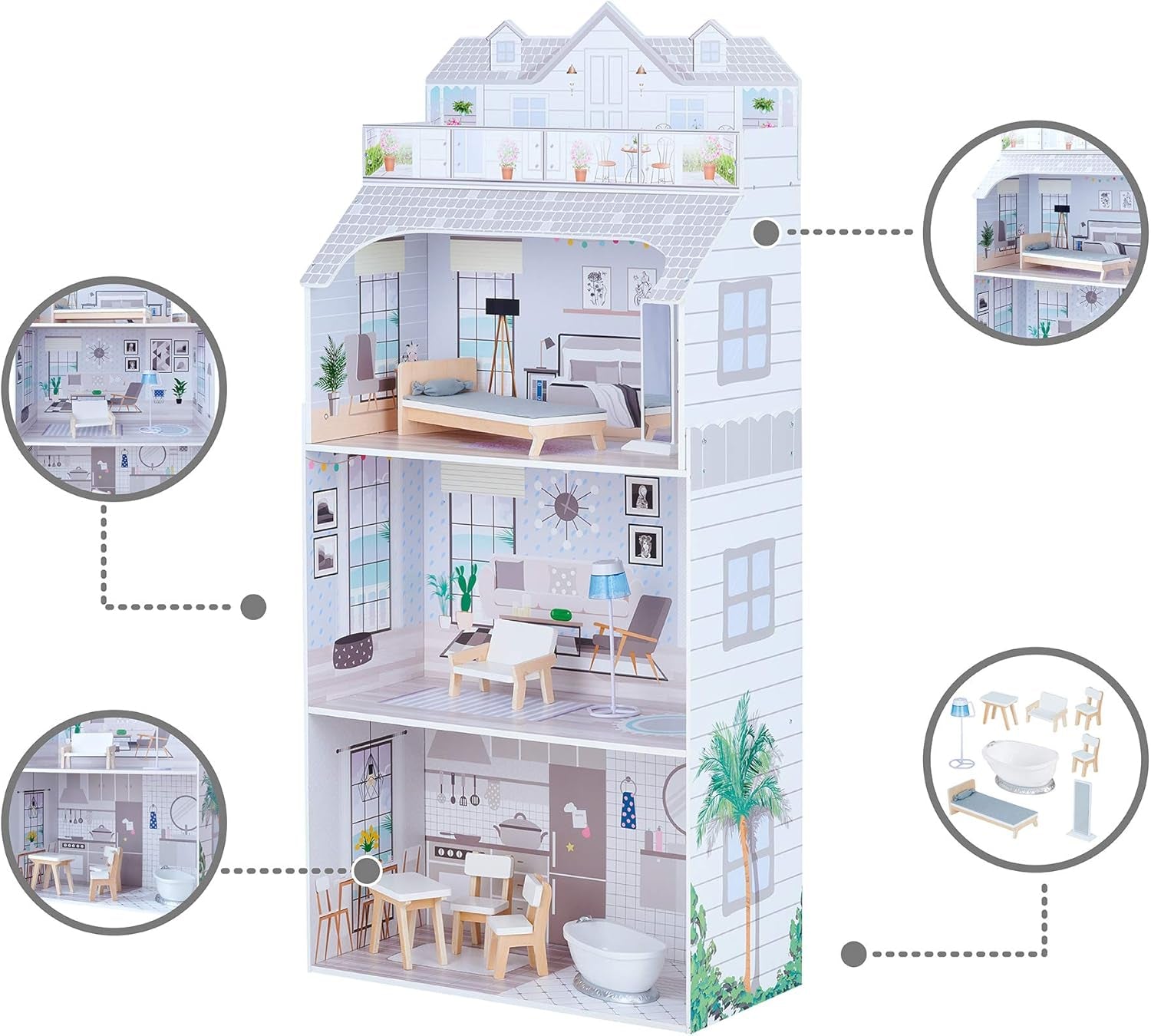 Teamson Kids Olivia's Little World Maison de poupée géante avec meubles et accessoires, maison de poupée en bois, ensemble de jeu à 3 niveaux pour poupées de 30 cm, à partir de 3 ans
