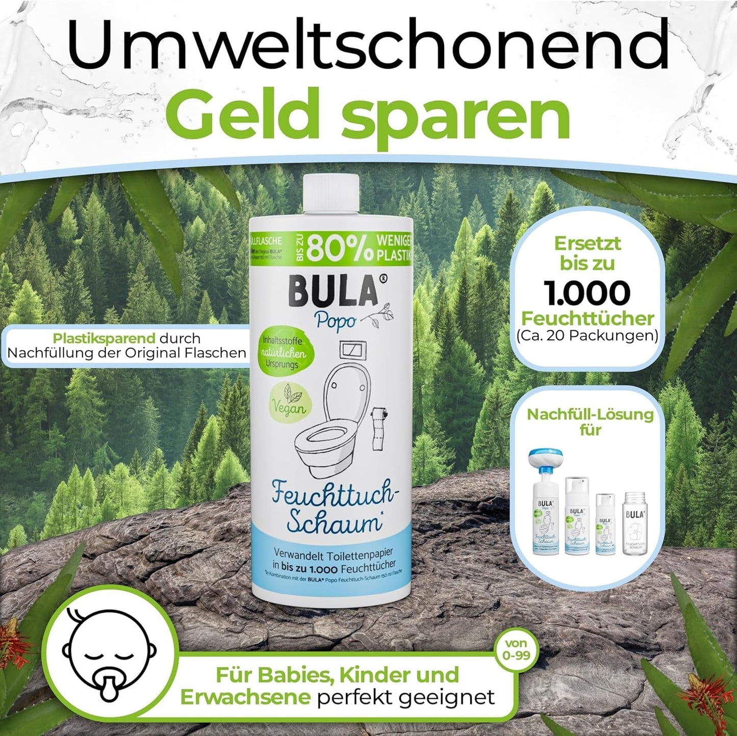 Flacon de recharge BULA® Popo (750 ml) JUSTE POUR RECHARGER nos flacons de 150 ml et 50 ml ! | Remplace jusqu'à 1 000 lingettes ! | Avec des ingrédients d'origine naturelle